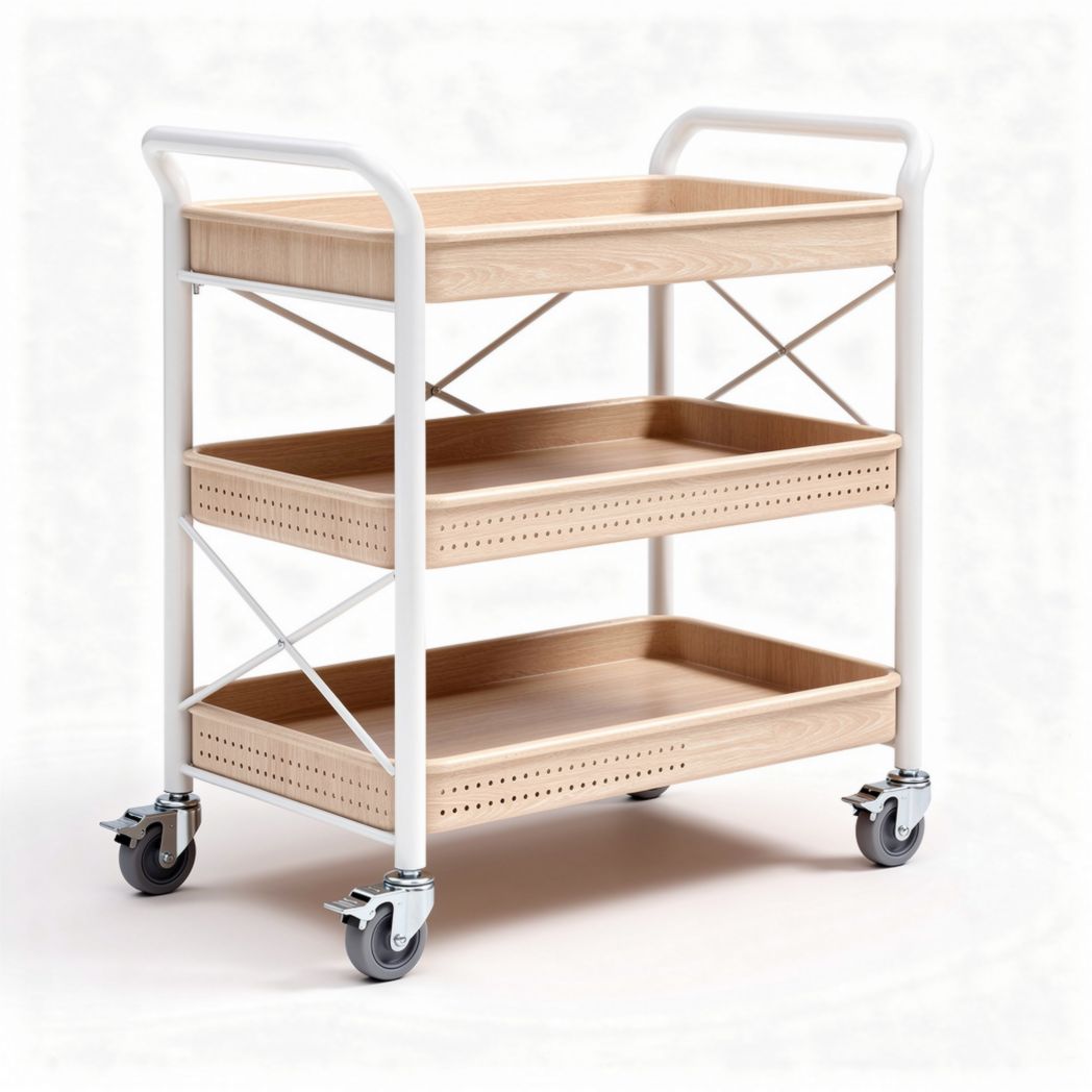 Witte stalen kar met houten planken voor opslag 80 x 40 x 85cm