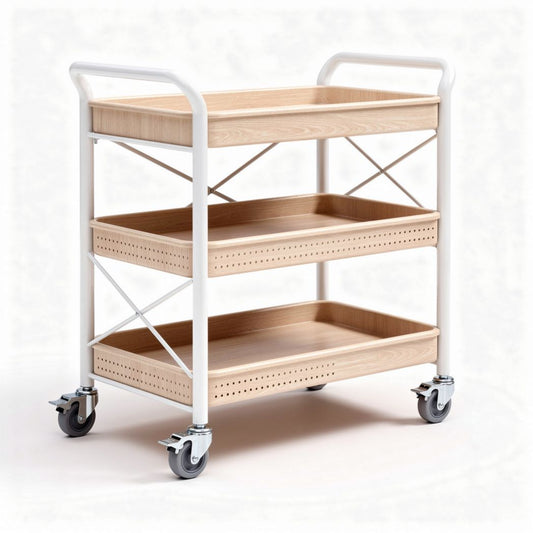 Witte stalen kar met houten planken voor opslag 80 x 40 x 85cm