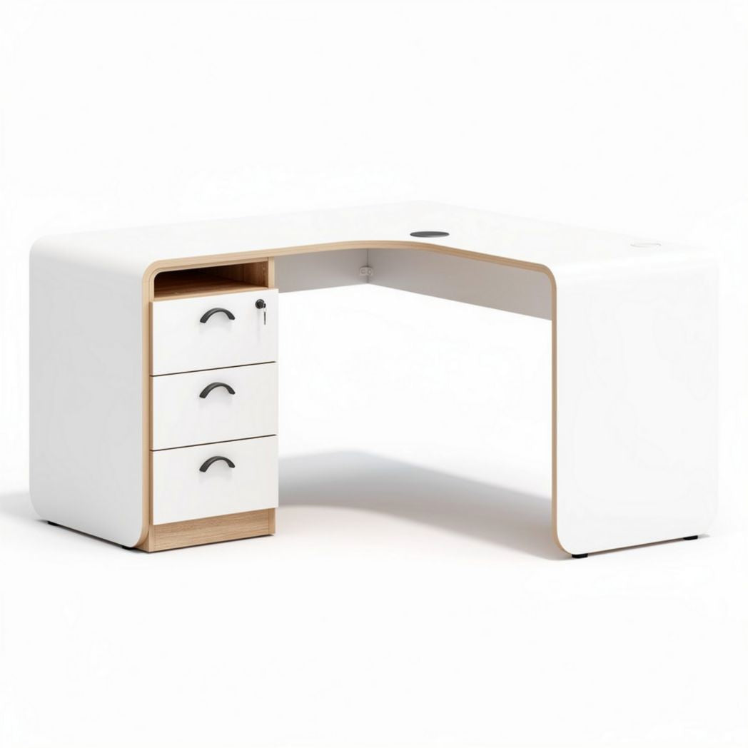 Hoekbureau met drie laden van wit MDF en gedetailleerd in houtkleur 150 x 60 x 75cm
