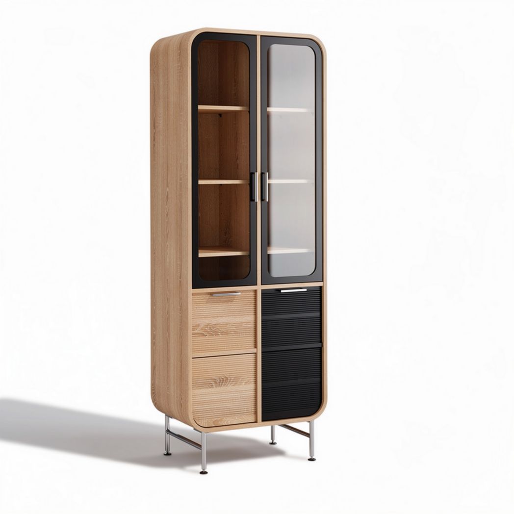 Hoge kast met glazen deuren en houten lades 70 x 40 x 180cm
