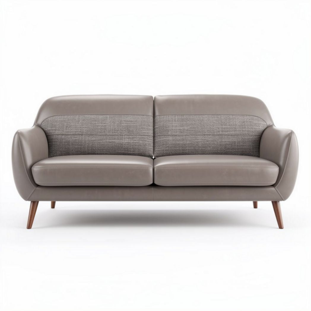 Leren bank met stofinzet en houten poten 180 x 85 x 75cm grijskleurig