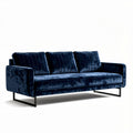 Blauwe velours bank met strakke lijnen en stalen onderstel 200 x 90 x 85cm