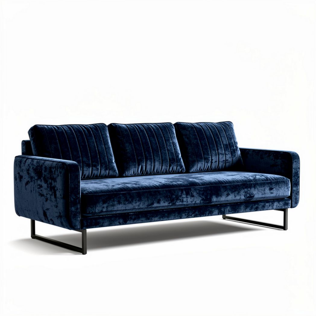 Blauwe velours bank met strakke lijnen en stalen onderstel 200 x 90 x 85cm