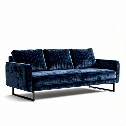 Blauwe velours bank met strakke lijnen en stalen onderstel 200 x 90 x 85cm