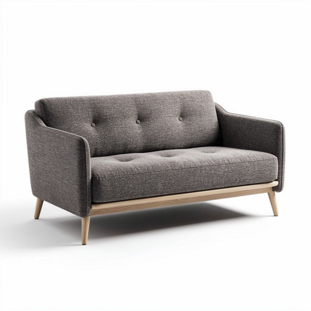 Twee-zits bank van stof met houten poten in grijs 150 x 80 x 75cm
