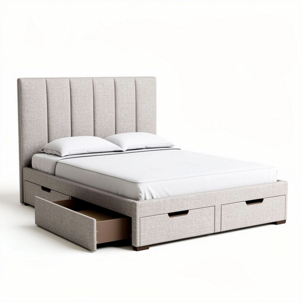 Boxspringbed met hoofdbord en opberglades in lichtgrijze stof 200 x 160 x 120cm