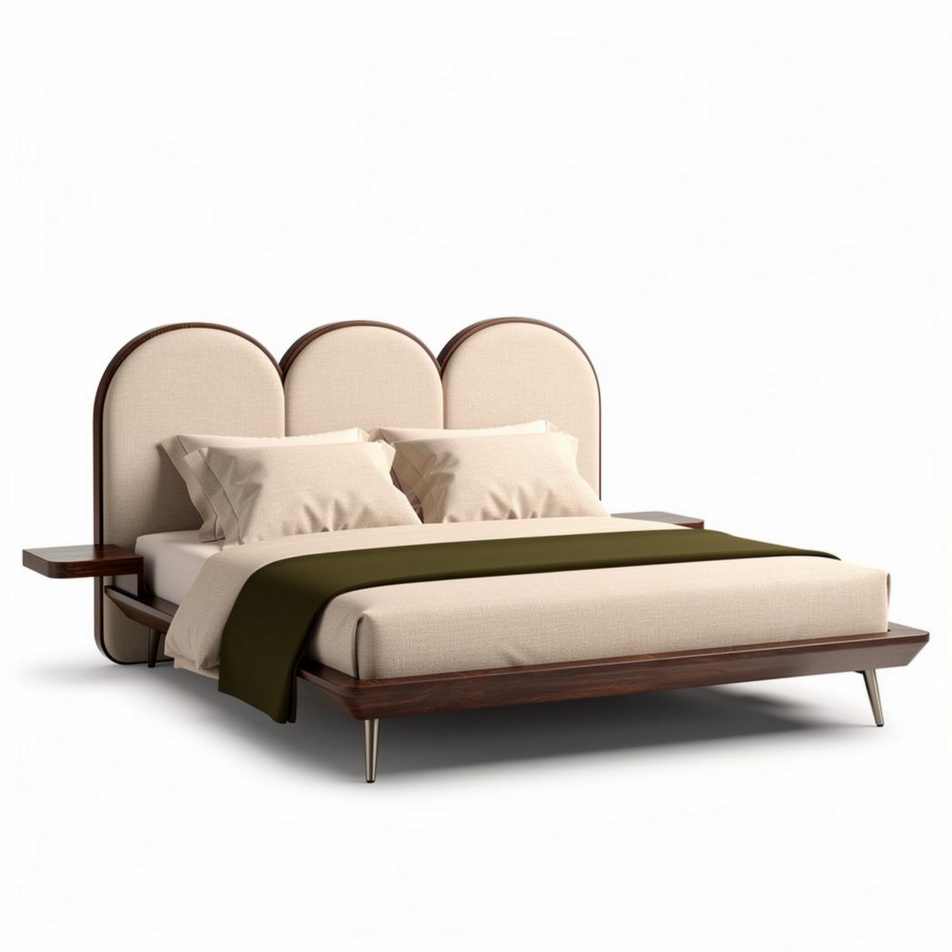 Houten bed met stoffen hoofdbord in beige en groene dekbedovertrek 210 x 180 x 100cm
