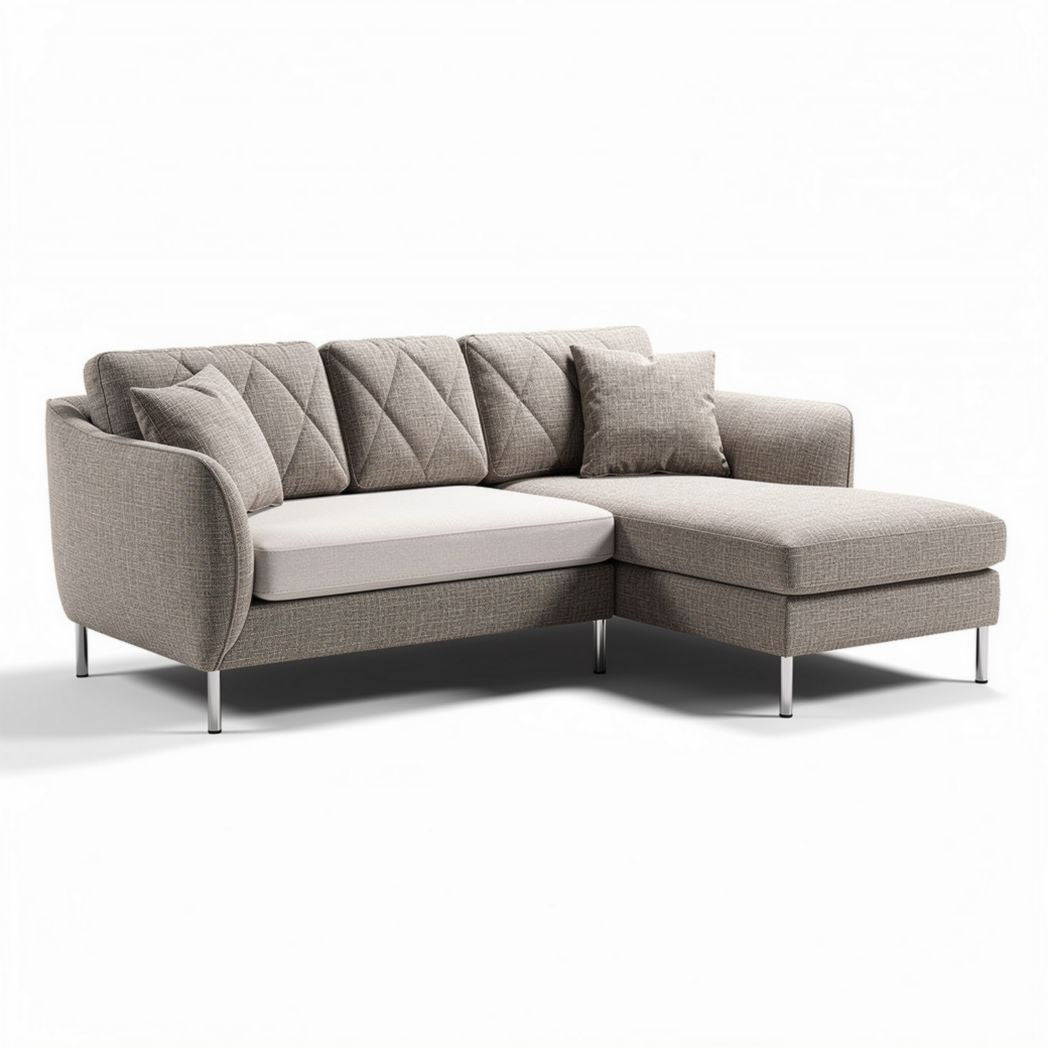 L-vormige bank van stof met kussens in lichtgrijze kleur 200 x 90 x 80cm